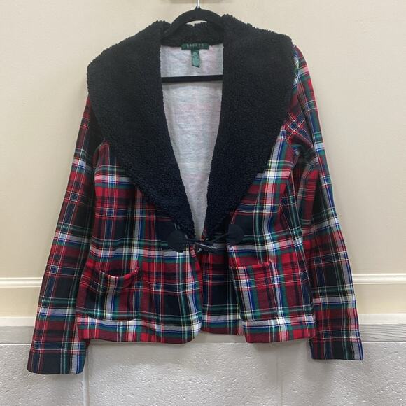 Lauren Ralph Lauren women’s Large long sleeve plaid fleece collar jacket - Picture 1 of 5